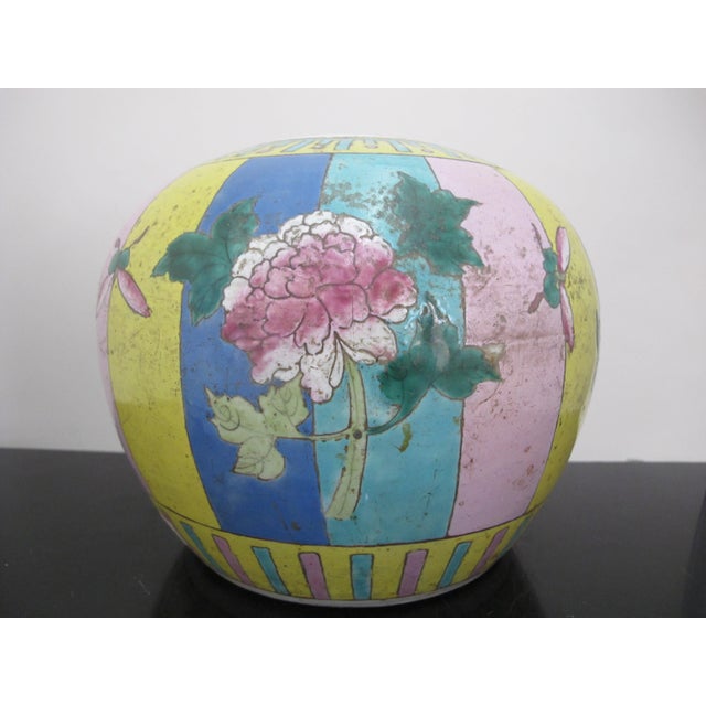 Early 20th Century Chinese Colorful Enamel Famille Rose Striped Butterfly & Flower Ginger Jar Vase For Sale - Image 5 of 8