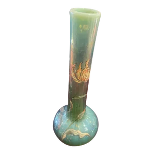 Original Antique Art Nouveau Green Vase Signed by Emil Galle