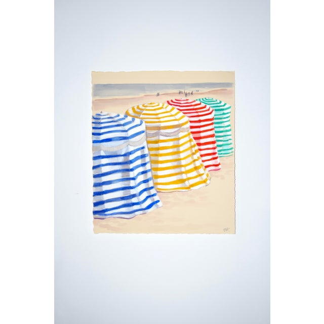 Original painting of striped beach tents. Acrylic on BFK Rives 280gsm paper. Comes unframed.