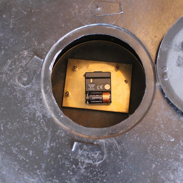 Large French Charles X Painted and Gilded Tole Clock For Sale - Image 12 of 12