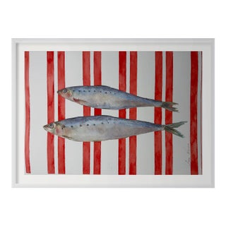 “Sardinelles on Red” Original Impressionistic Watercolor Colored Pencils on Paper Fish Still Life by Anna Novick For Sale