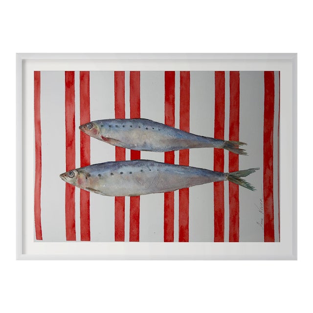 “Sardinelles on Red” Original Impressionistic Watercolor Colored Pencils on Paper Fish Still Life by Anna Novick For Sale