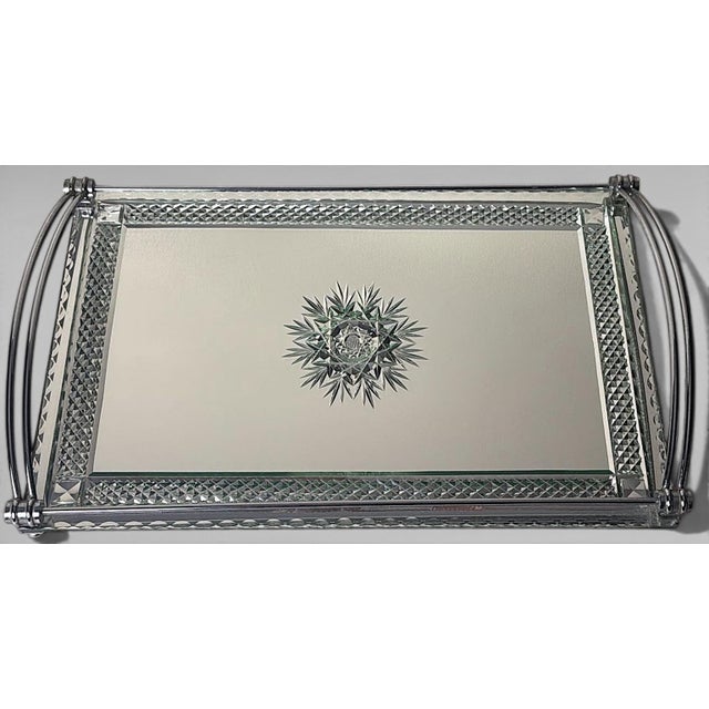 Art Deco French Nickel-Plated Metal Tray With Cut and Etched Mirror Surface For Sale - Image 4 of 18