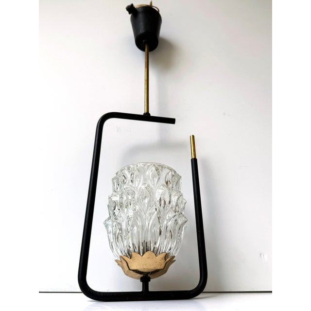 1950s French Mid-Century Modern Black Metal, Brass & Pressed Glass Pendant Light, France, 1950s For Sale - Image 5 of 7