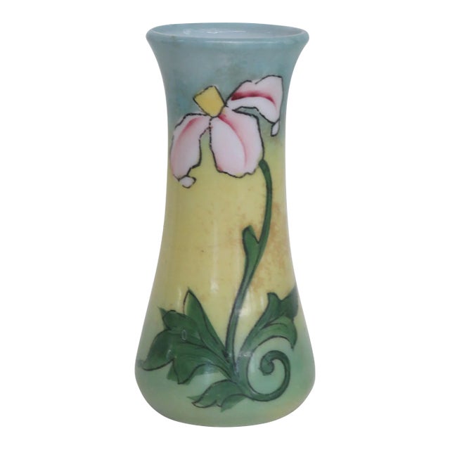 Art Deco Hand Painted Pink Orchid Flower Vase For Sale