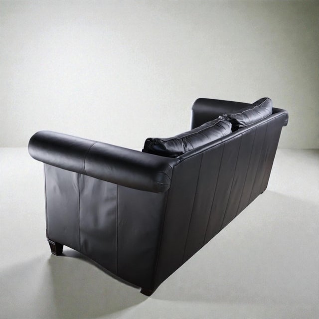 Black Leather Sofa With Carved Wood Base – Classic Rolled Arm Design For Sale - Image 4 of 9