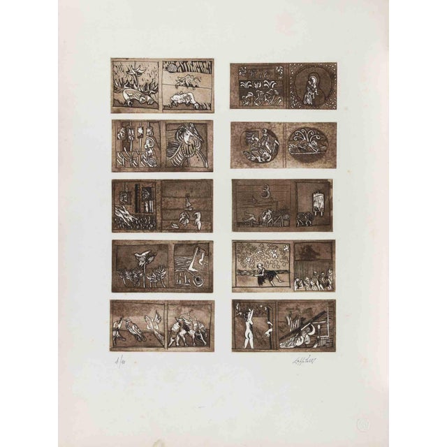 Etching / aquatint (brown tone), signed and dated 1978, edition of 10. This intriguing graphic work by Mariangelo...