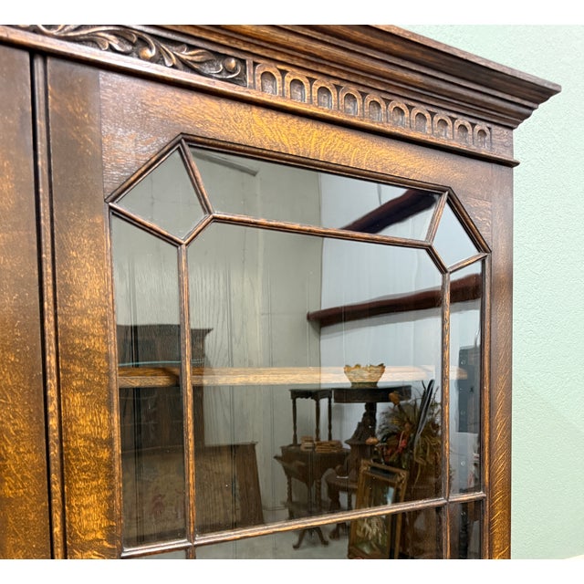 Antique English Jacobean Bookcase Cabinet Double Door Wavy Glass Tiger Oak 1930s For Sale - Image 15 of 18