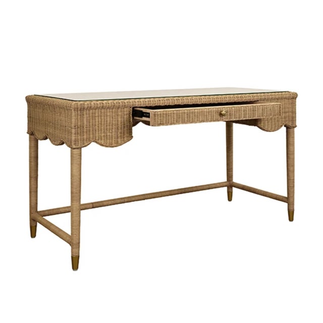 Worlds Away Matthew Izzo Home Zoey One Drawer Rattan Desk With Glass Top For Sale - Image 4 of 8