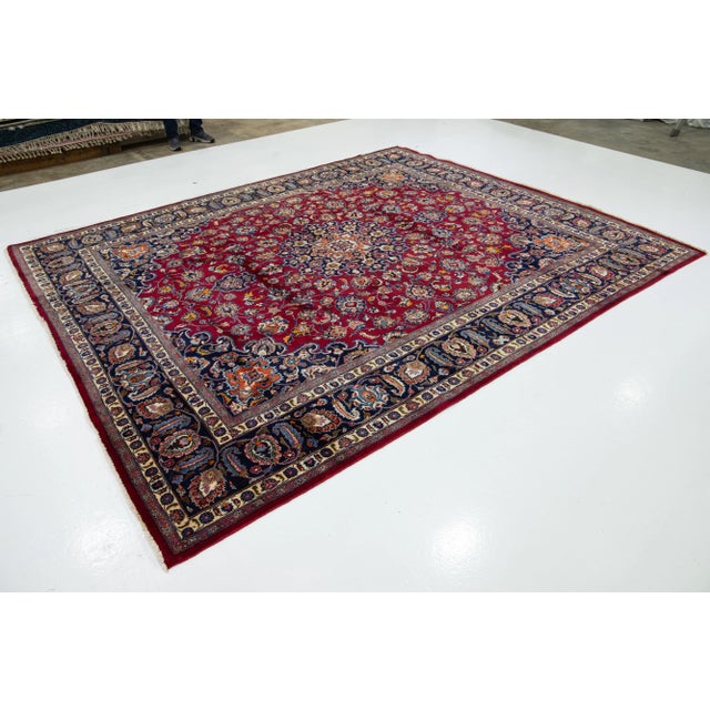 Persian Vintage Mashad Persian Wool Rug in Red With Rossette Motif For Sale - Image 3 of 8