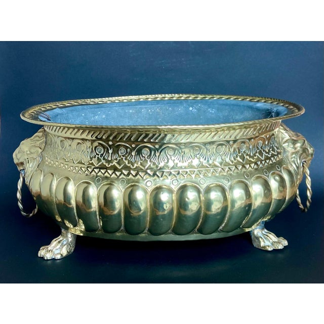 Metal Antique Neoclassical Brass Jardiniere with Lion Head Ring Handles and Claw Feet, 1900s For Sale - Image 7 of 7