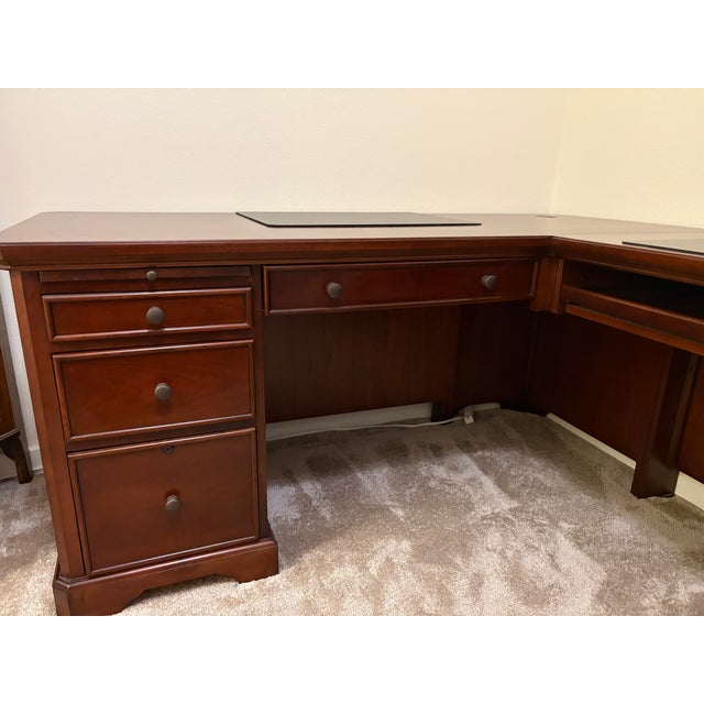 Late 20th Century Traditional Cherry Wood L-Shaped Executive Corner Desk With Integrated File Storage For Sale In Portland, OR - Image 6 of 13
