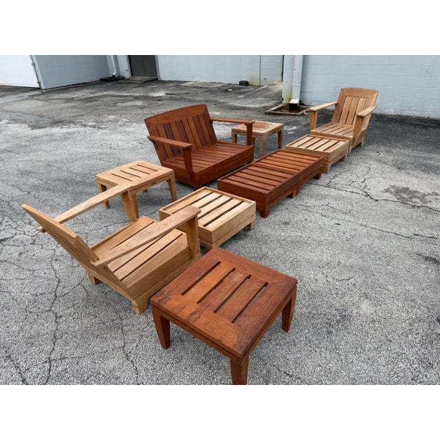 Sienna 1990s Vintage Brown Jordan "Mission Teak" Deep Seating Patio Set With Blue Cushions - 10 Pieces For Sale - Image 8 of 11