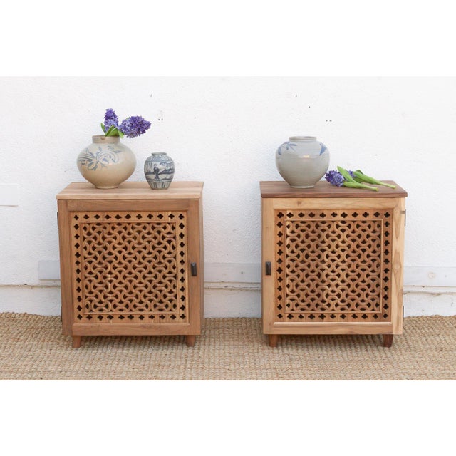 Tan Set of 2 Reclaimed Teak Jali Nightstands For Sale - Image 8 of 8