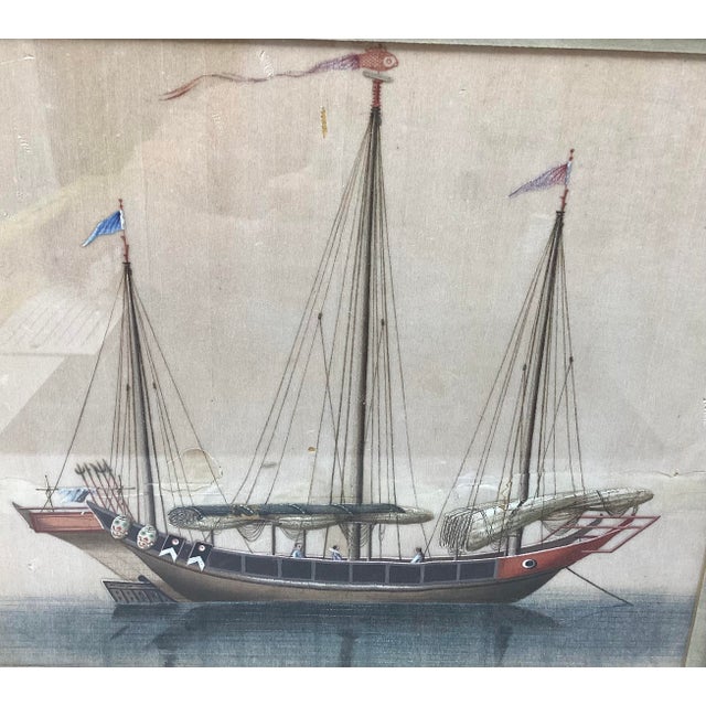 19th C watercolor on rice paper of a junk boat. Beautiful colors.