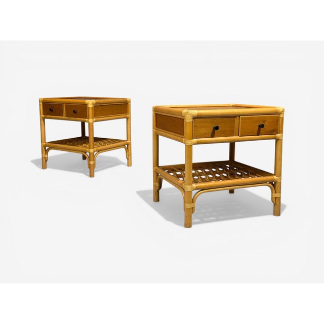 Kenneth Bergenblad, Swedish Mid-Century Modern, Nightstands, Bamboo, Rattan, Brass, Sweden, 1970s Pair of 'Manilla'...