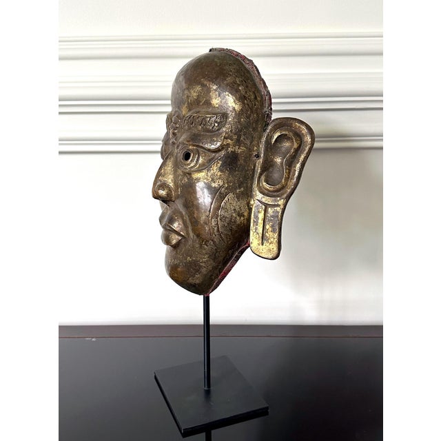 Tibetan Gilt Copper Alloy Mask on Display Stand For Sale - Image 4 of 18