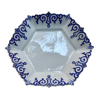 Vintage White Hexagonal Ceramic Serving Dish With Cobalt Blue & Gold Trim For Sale