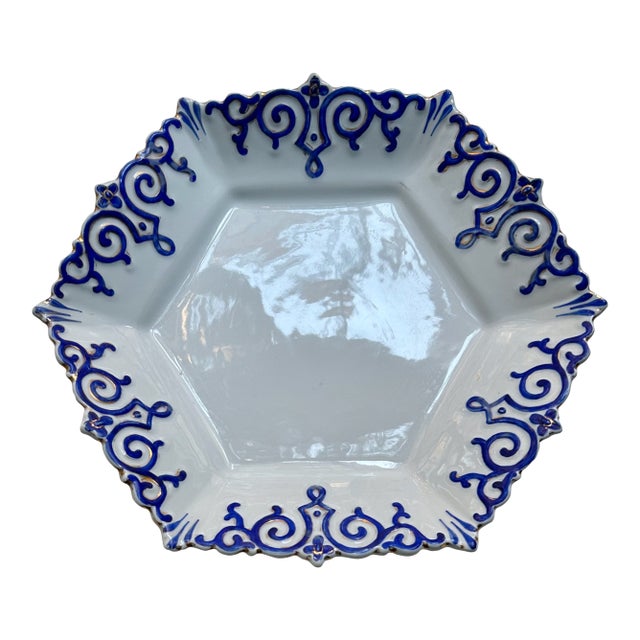 Vintage White Hexagonal Ceramic Serving Dish With Cobalt Blue & Gold Trim For Sale