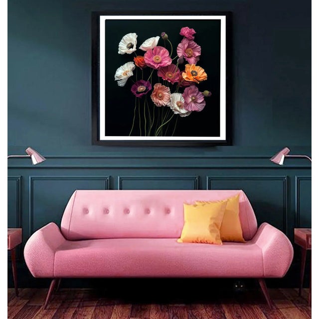 A colorful photograph of several Poppies against black. Printed on 300 GSM Archival Fine Art Paper.