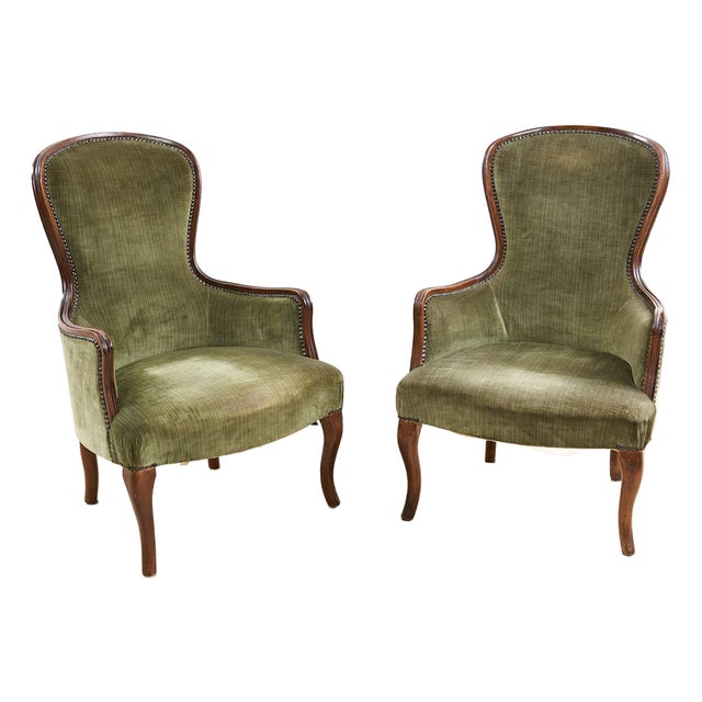 Set of Antique Walnut Armchairs with Green Velvet Seat For Sale