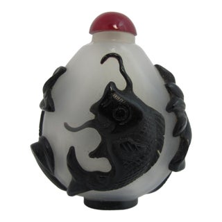 Chinese Carved Glass Koi Fish Overlay Snuff Bottle With Red Stopper For Sale