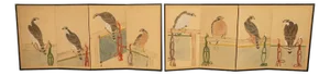 Pair Antique Japanese Edo Falcon Hawk Birds of Prey Takagari Screens 1880
