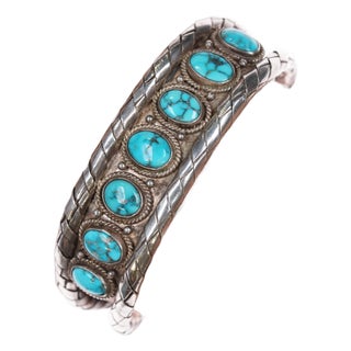 6.5" C1940's Navajo Silver Natural Spiderweb Turquoise Woven Cuff Bracelet For Sale