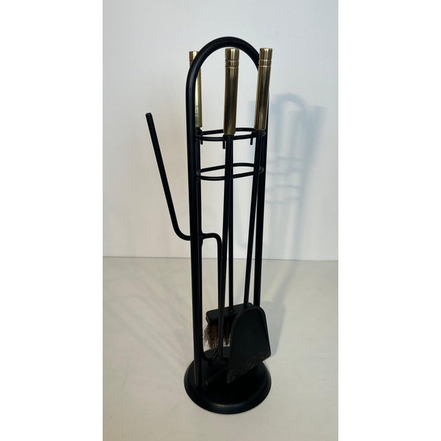 Circa 1970s Fireplace Tools on Stand in Black Lacquered Metal and Brass Design/one For Sale - Image 6 of 12