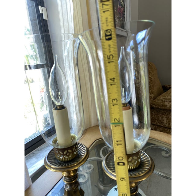 1990s Heirloom Heavy Casted Brass and Glass Hurricane Table Sconce Vintage - Pair For Sale - Image 9 of 10