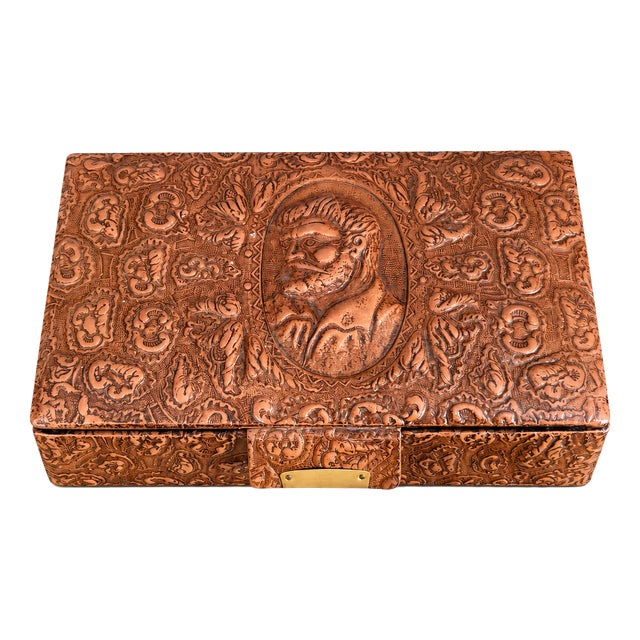 Vintage Spanish Tooled Leather Jewelry Box with Don Quixote, 1960s For Sale