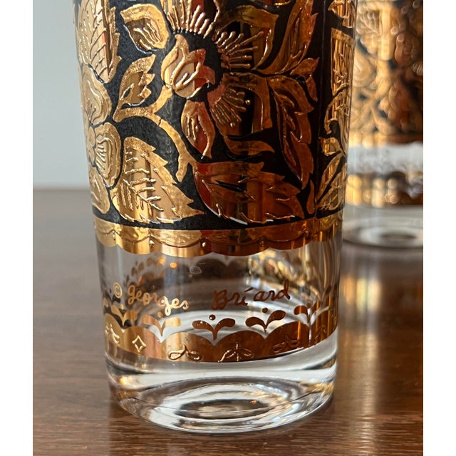 Mid-Century Modern 1960s - Georges Briard Gold & Black Floral Highball Glasses - Set of 7 For Sale - Image 3 of 5