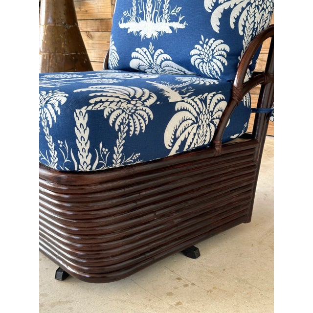 Braxton Culler Vintage Braxton Culler Stacked Rattan Swivel Lounge Slipper Chair in Thibaut Fabric For Sale - Image 4 of 13