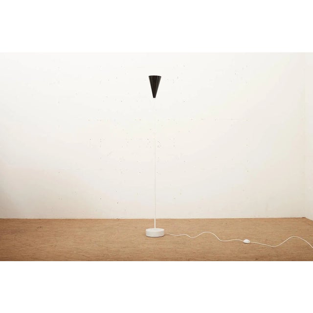 Black White Painted Steel Tube Floor Lamp with White Marble Base and Black Sheet Metal Shade For Sale - Image 8 of 12
