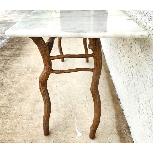 1970s Vintage French Rustic Metal & Marble Faux Bois Branch Console Sofa Table For Sale - Image 5 of 16