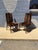 Striking pair of vintage dining chairs featuring a sleek Parsons-style silhouette, seats and backs in a bold geometric...