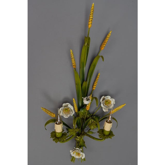 Italian Toleware White Poppy and Wheat Green Floral Bouquet Two-Light Sconce, 1960s For Sale - Image 9 of 18