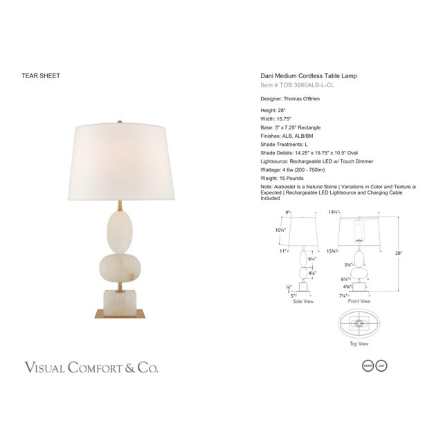 Thomas O'Brien by Visual Comfort Signature Dani Medium Cordless Table Lamp in Alabaster with Linen Shade Designer: Thomas...