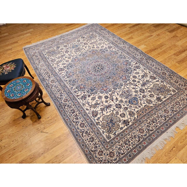 Vintage Exceptionally Fine Persian Nain Area Rug, Hand-Knotted Wool & Silk, Floral Pattern, 7x11, Ivory & Blue For Sale - Image 10 of 18