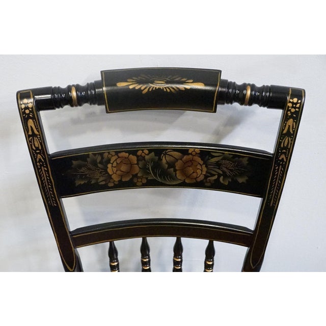 Black Genuine Hitchcock Black & Gold Accent Side Chair W. Rush Seat & Hand Painted Florals For Sale - Image 8 of 11