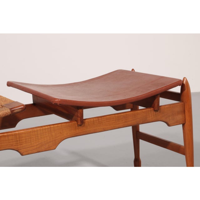 Mid-Century Italian Wooden Bench with Sisal Rope and Cognac Leather Seat, 1960s For Sale - Image 3 of 14