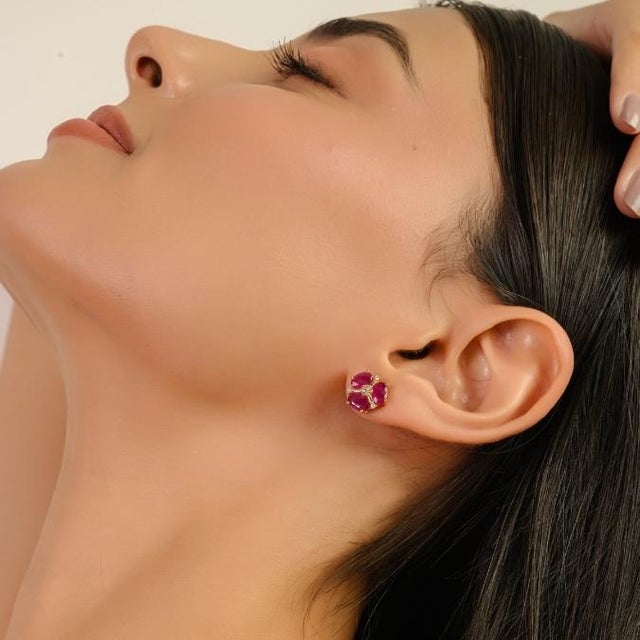 Art Deco Modern 3 Ct Natural Ruby and Diamond Cluster Stud Earrings in 14k Yellow Gold- A Pair For Sale - Image 3 of 14