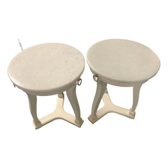 Modern History Home Pair of Covington Round White Drinks Tables With Marble Top For Sale