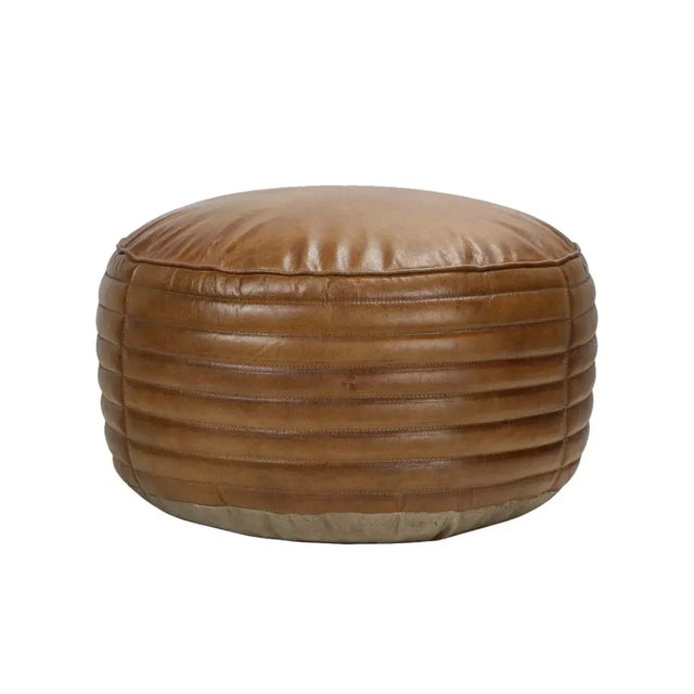 Mid-Century Modern Matthew Izzo Home Tackshop Leather Round Ottoman For Sale - Image 3 of 3