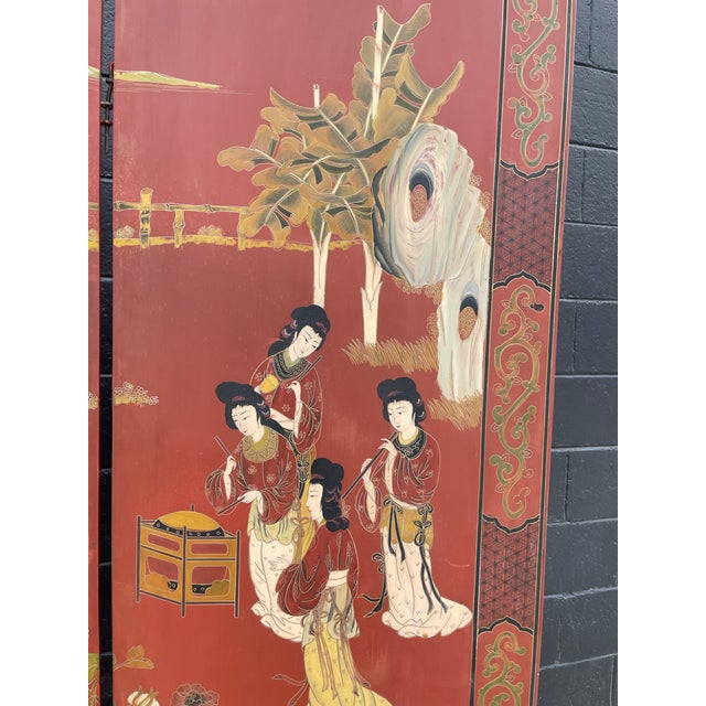 Chinese Antique Chinese Four-Panel Lacquer Screen – Hand-Painted Garden Scene With Female Figures For Sale - Image 3 of 12