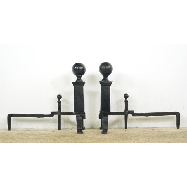 Early 20th Century Pair of Antique Black Cast Iron Cannonball Andirons For Sale - Image 5 of 10