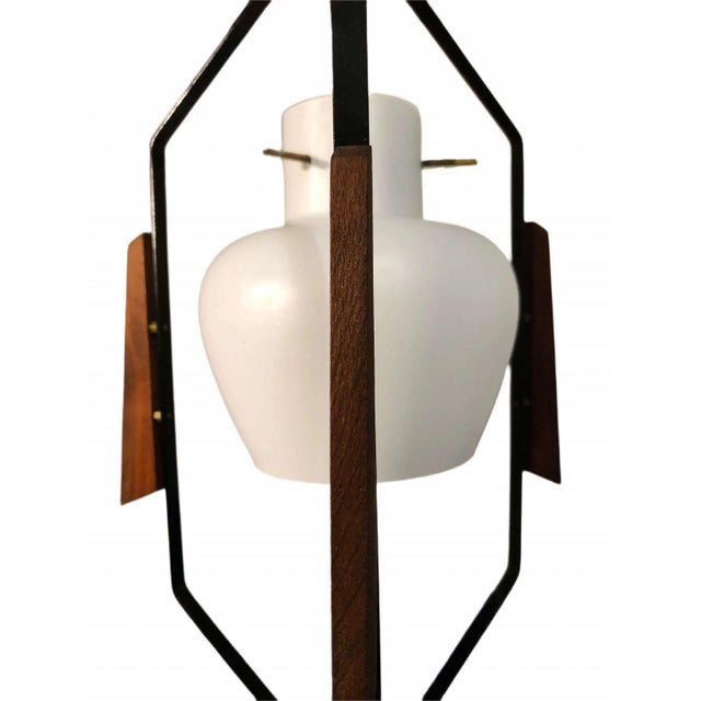 1960s 1960s Mid-Century Modern Italian Pendant Lamp by Stilnovo in Brass, Teak, and Opaline Glass For Sale - Image 5 of 8