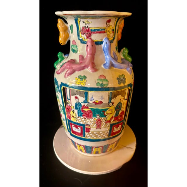 Teal 1950s Chinese Medallion Vase With Applied Dragons For Sale - Image 8 of 12