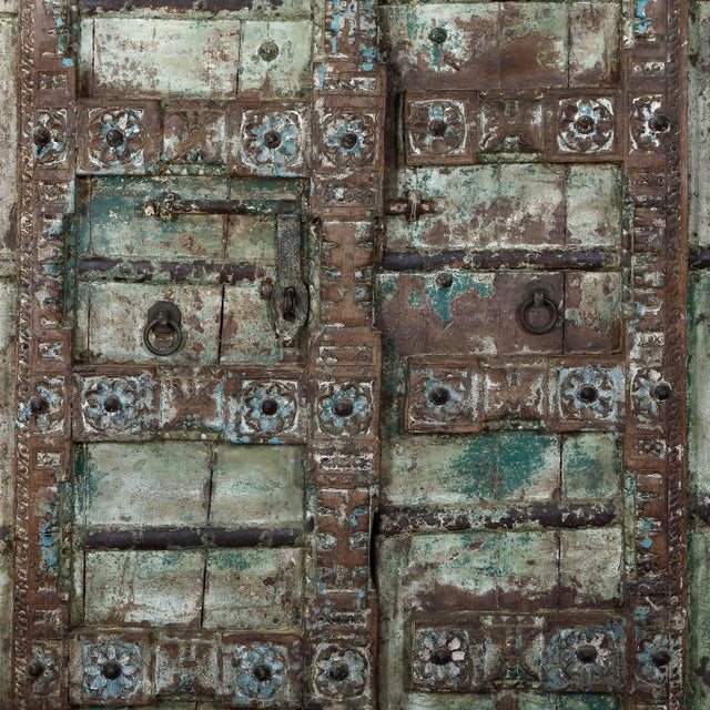 Antique Indian Carved and Painted Teakwood Door, Gujarat, c. 1880–1900, an outstanding antique architectural element with...