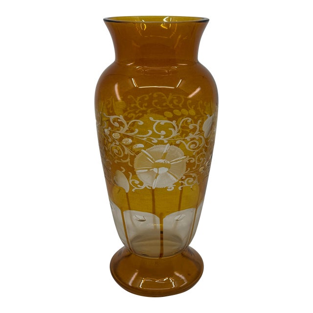 Vintage Bohemia Czech Amber Cut Glass Vase For Sale